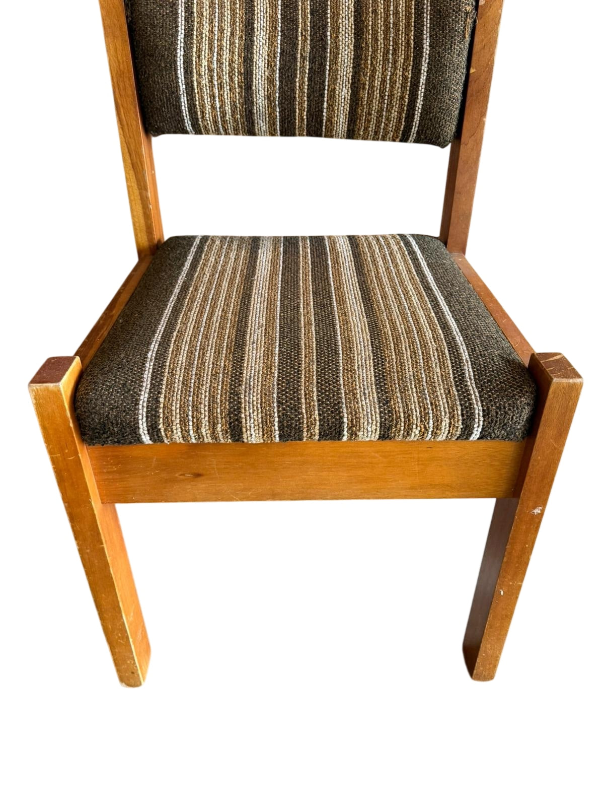 Vintage 70s Wooden Accent Chair Retro Striped Upholstery - Image 1