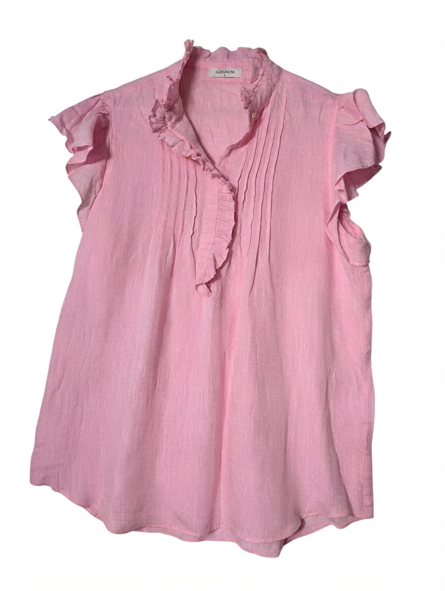 Alessandra Linen Ruffle Detail Blouse Pink Size S