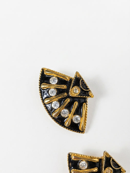 Vintage Art Deco Style Fan Shaped Enamel and Rhinestone Clip-On Earrings Black and Gold - Image 1