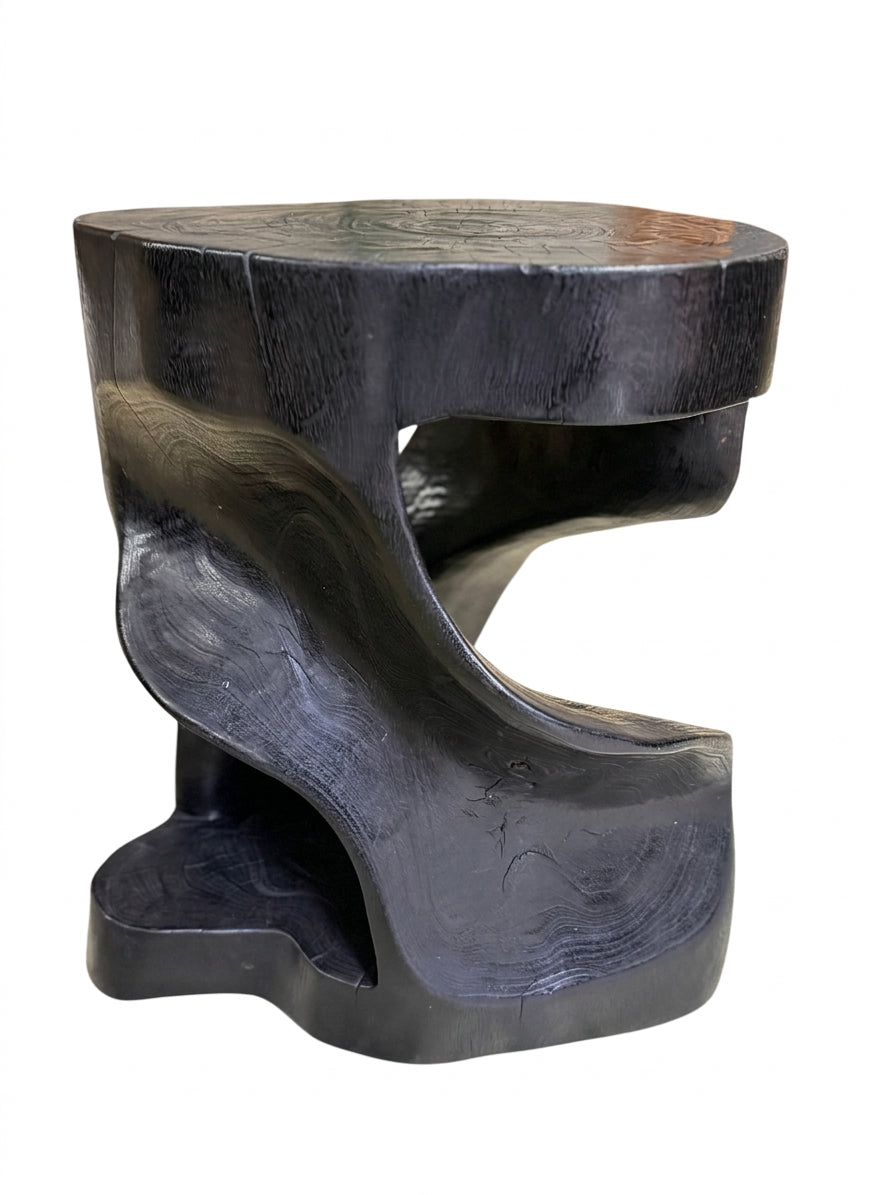 Handcrafted Sculptural Teak Wood Side Table Black Stained - Image 1