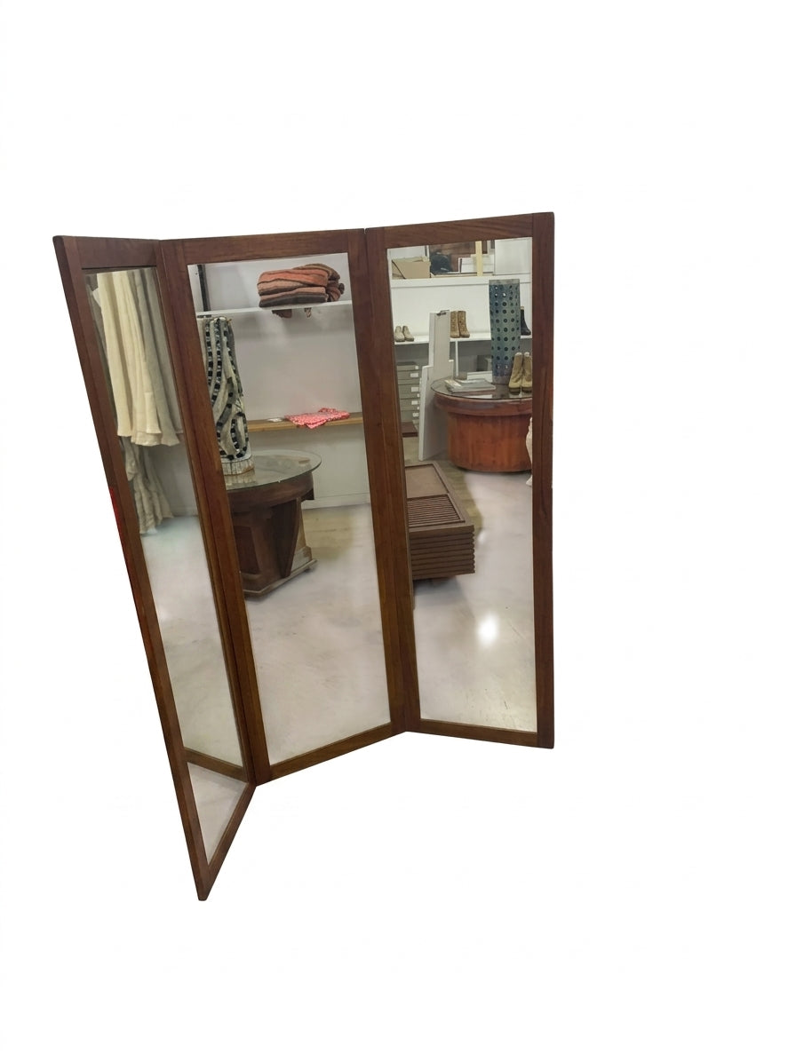 Vintage Mid-Century Modern Teak Tri-Fold Floor Mirror - Image 1