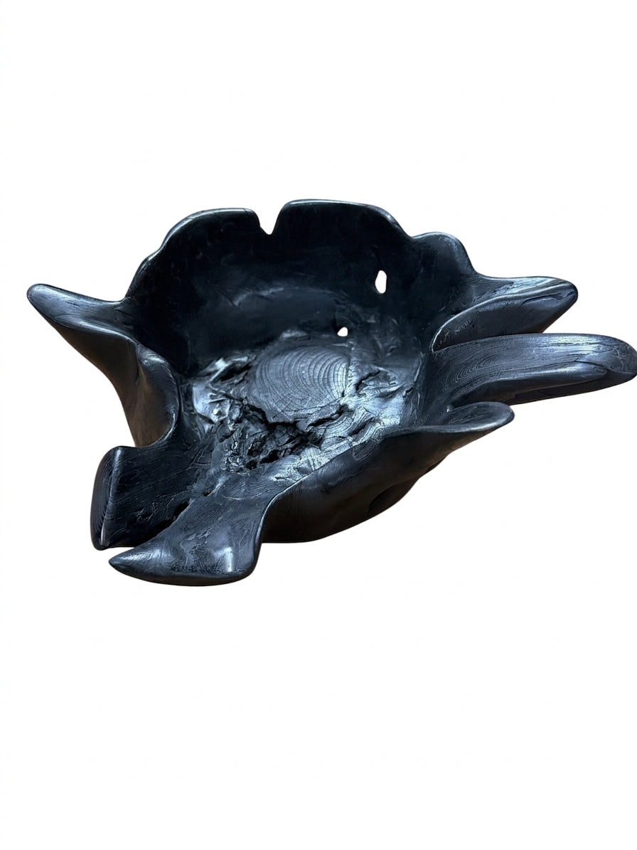 Hand-Carved Teak Root Bowl Black Stained Sculptural Piece - Image 1