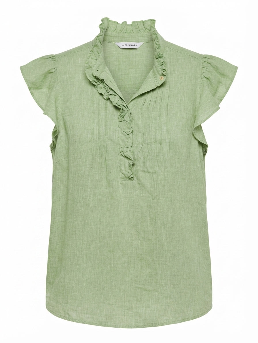 Alessandra Linen Ruffle-Front Cap-Sleeve Blouse Sage Green Size S