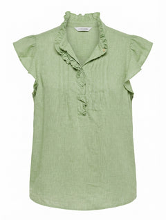 Alessandra Linen Ruffle-Front Cap-Sleeve Blouse Sage Green Size S - Image 1