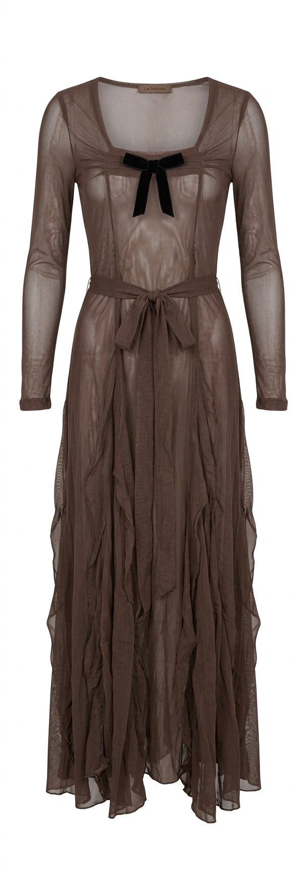 Lee Mathews Brown Mesh Long Sleeve Dress with Velvet Bow Detail - Image 1