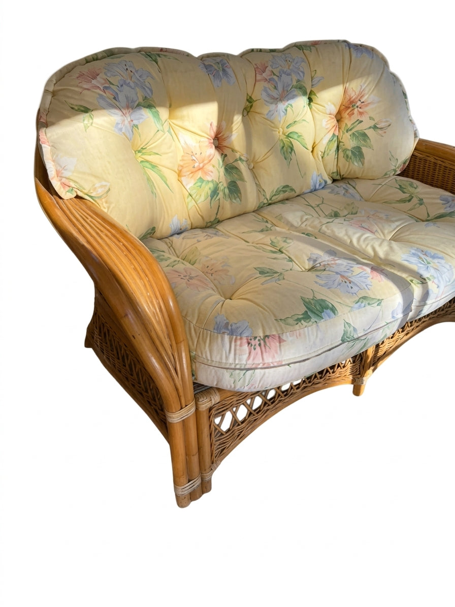 Vintage Rattan Wicker Loveseat Floral Cushions