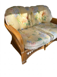 Vintage Rattan Wicker Loveseat Floral Cushions - Image 1