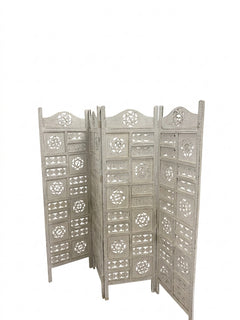 Unbranded 3-Panel Room Divider Distressed White Carved Wood - Image 1