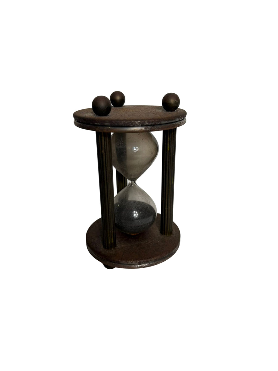 Vintage Industrial Style Brass and Wood Hourglass Sand Timer - Image 1