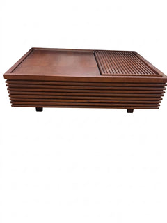 Crate & Barrel Slat Coffee Table with Sliding Storage Brown - Image 1