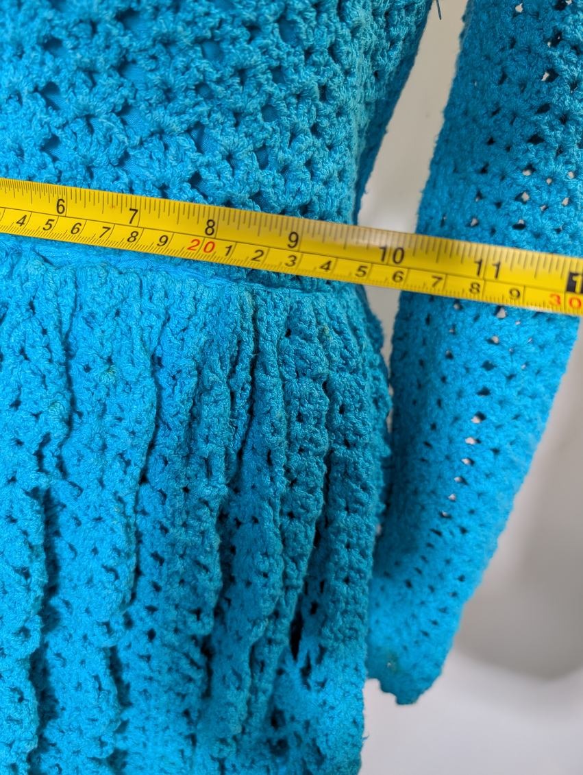 Vintage Handmade Crochet Maxi Dress - Vibrant Blue Long Sleeve - Image 2