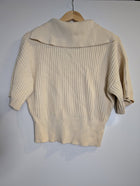 Oroton Ribbed Knit Lace-Up Polo Top Cream Women's Size S - Image 2