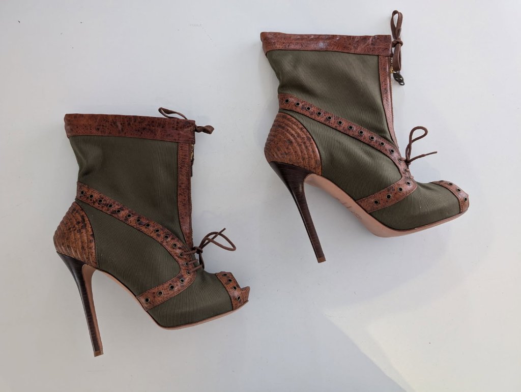 Alexander McQueen Olive Canvas & Brown Leather Peep Toe Stiletto Boots EU 38 - Image 1