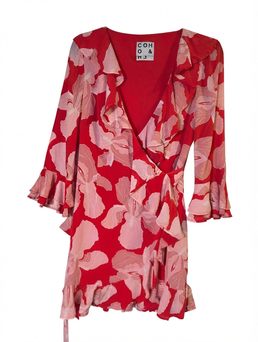 HANSEN&GRETEL Floral Ruffle Wrap Dress Red Pink Size S