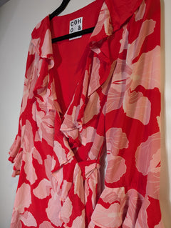 HANSEN&GRETEL Floral Ruffle Wrap Dress Red Pink Size S - Image 3