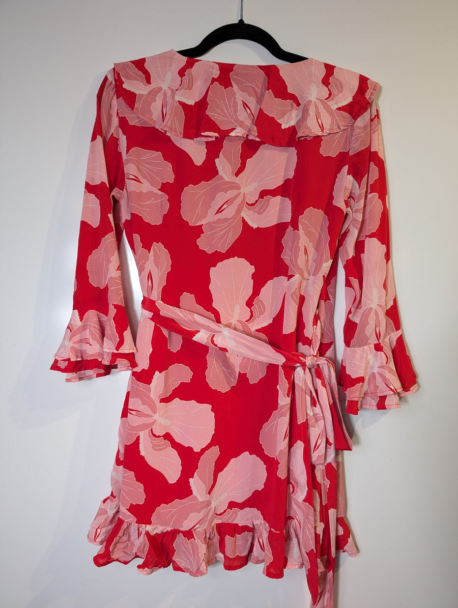 HANSEN&GRETEL Floral Ruffle Wrap Dress Red Pink Size S - Image 6
