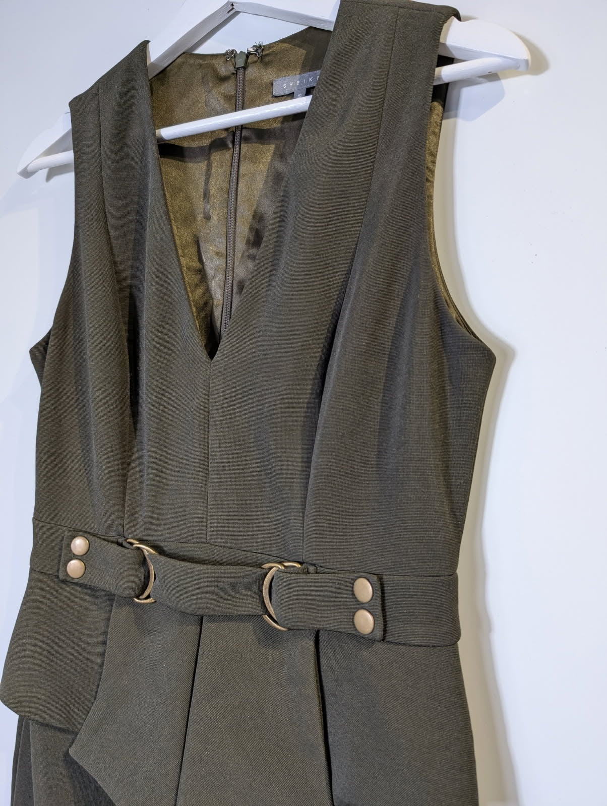 Sheike Sleeveless Peplum Dress Olive Green Size 10 - Image 4