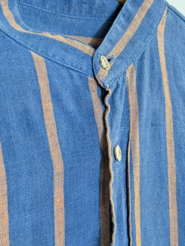 Bastoncino Men's Linen Mandarin Collar Shirt Blue & Tan Striped - Image 3