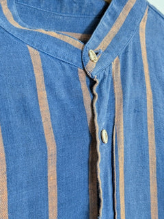 Bastoncino Men's Linen Mandarin Collar Shirt Blue & Tan Striped - Image 3