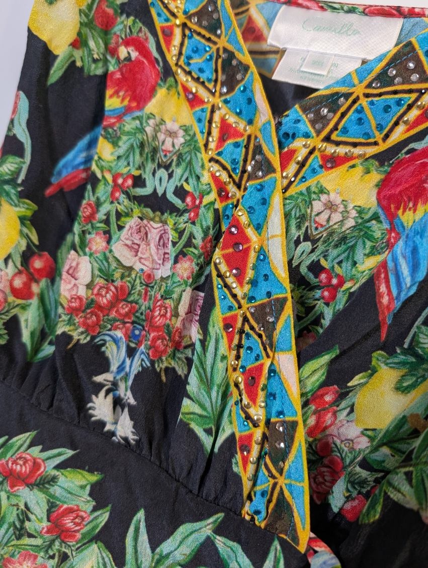 Camilla Parrot and Fruit Print Silk Maxi Dress with Crystal Embellishments - Image 5