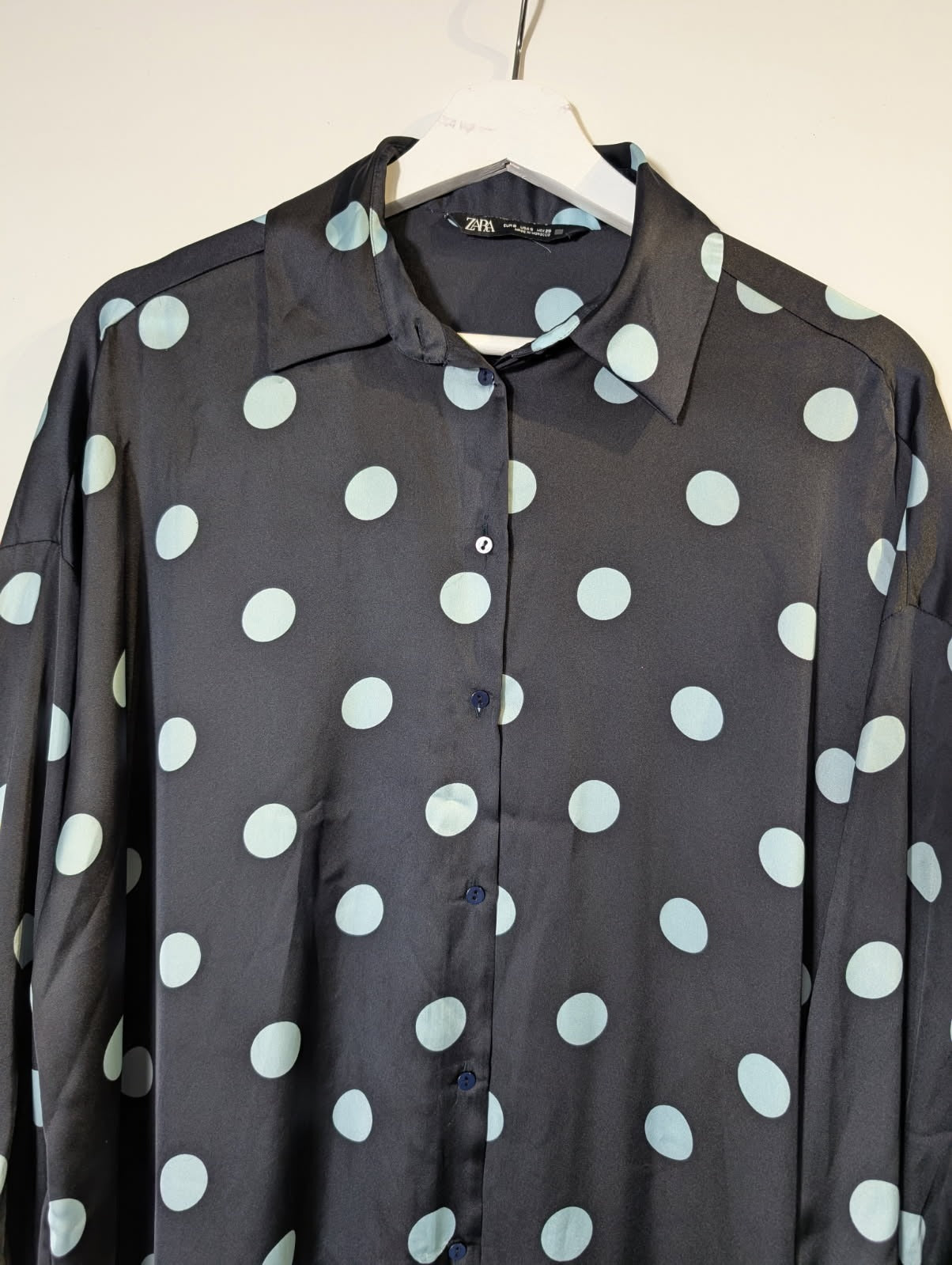 Zara Oversized Satin Shirt Black & Light Blue Polka Dot EU S - Image 3