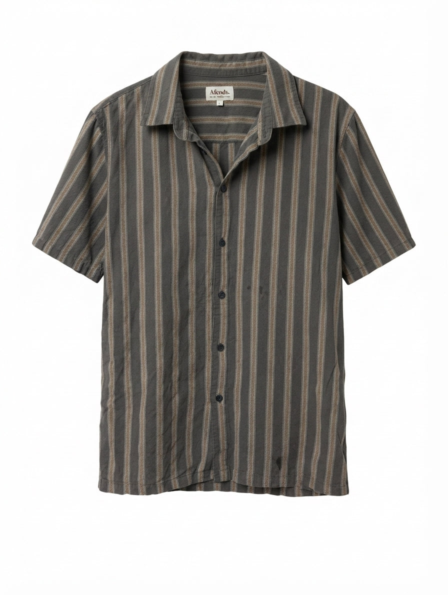 Afends Short Sleeve Striped Button-Up Shirt Grey Men's L - Image 1