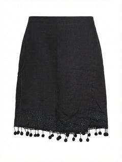 DKNY Linen Wrap Skirt Black Embroidered Hem Size 4 - Image 1