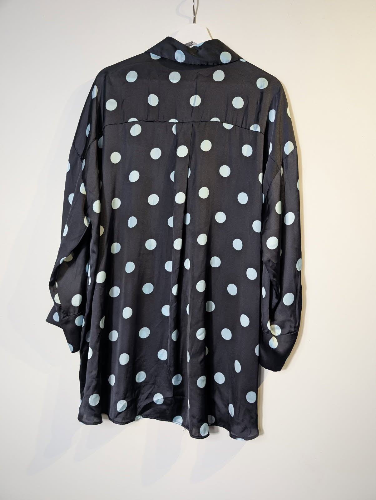 Zara Oversized Satin Shirt Black & Light Blue Polka Dot EU S - Image 4