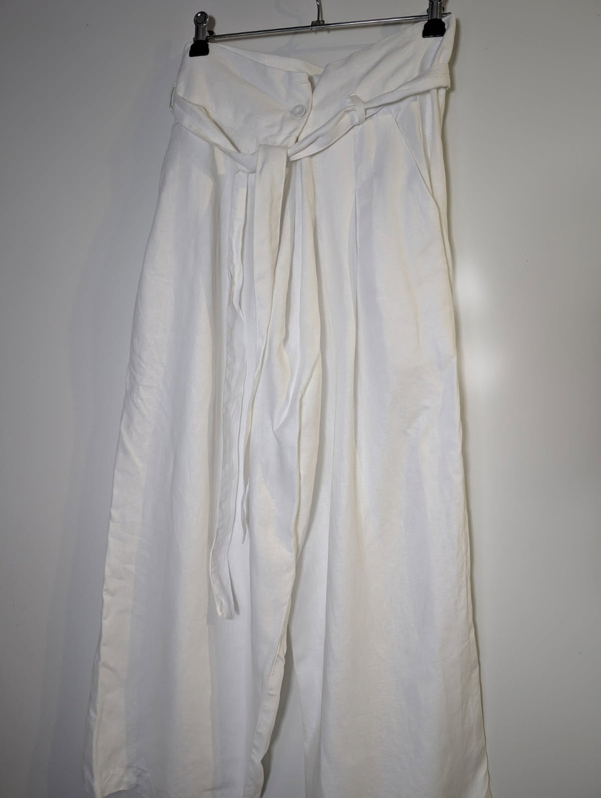 Unbranded Linen Blend Wide Leg Tie-Waist Trousers White - Image 2