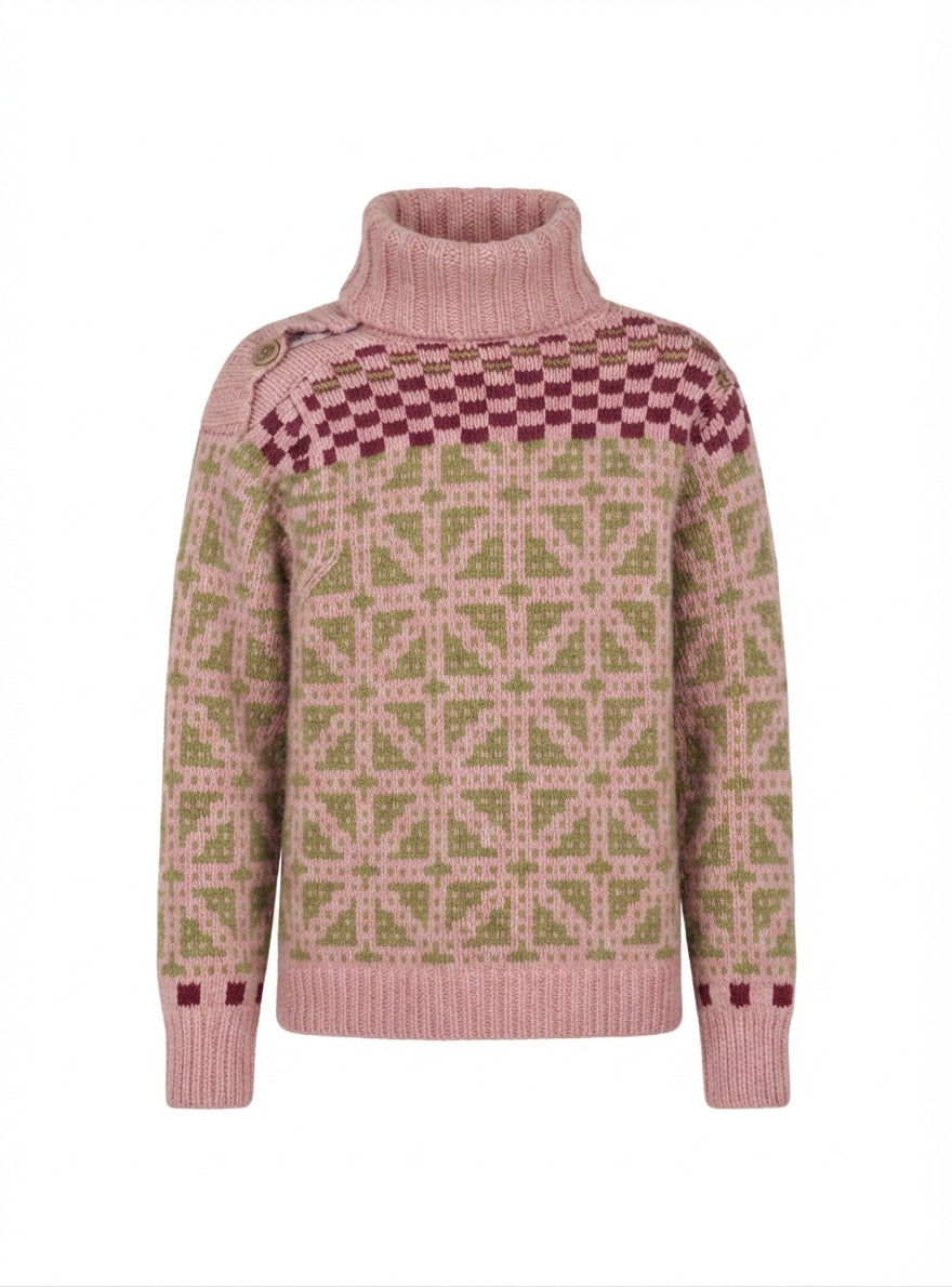 Wool Turtleneck Sweater Pink Geometric Knit Large - Image 1