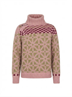 Wool Turtleneck Sweater Pink Geometric Knit Large - Image 1