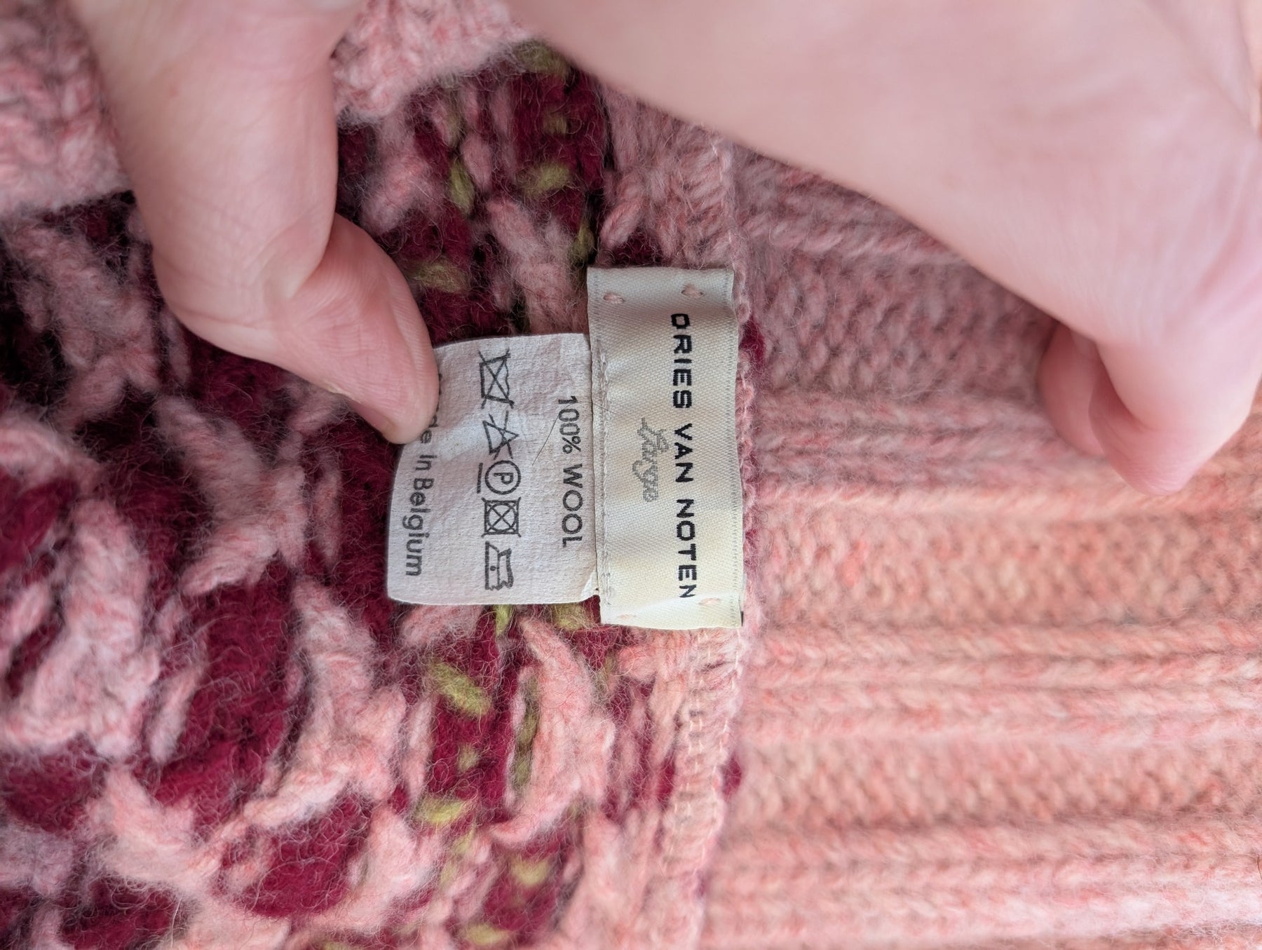 Wool Turtleneck Sweater Pink Geometric Knit Large - Image 3