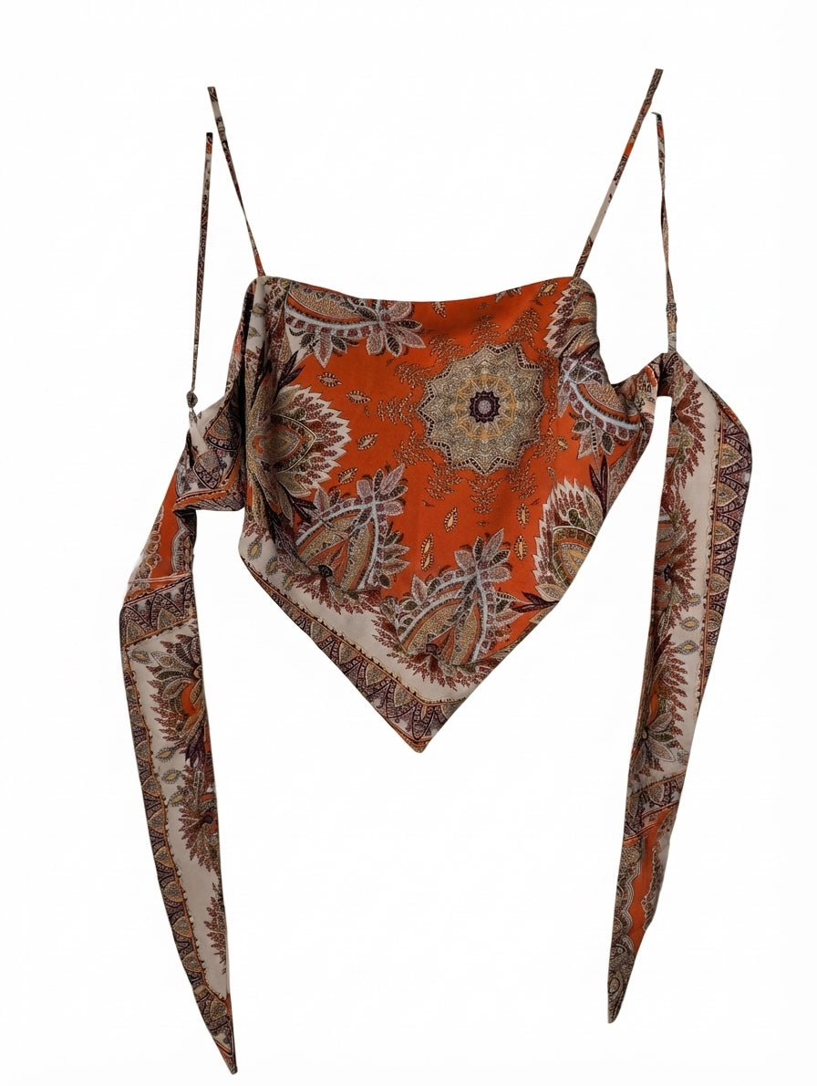 Paisley Print Bandana Tie-Back Crop Top Orange One Size - Image 1