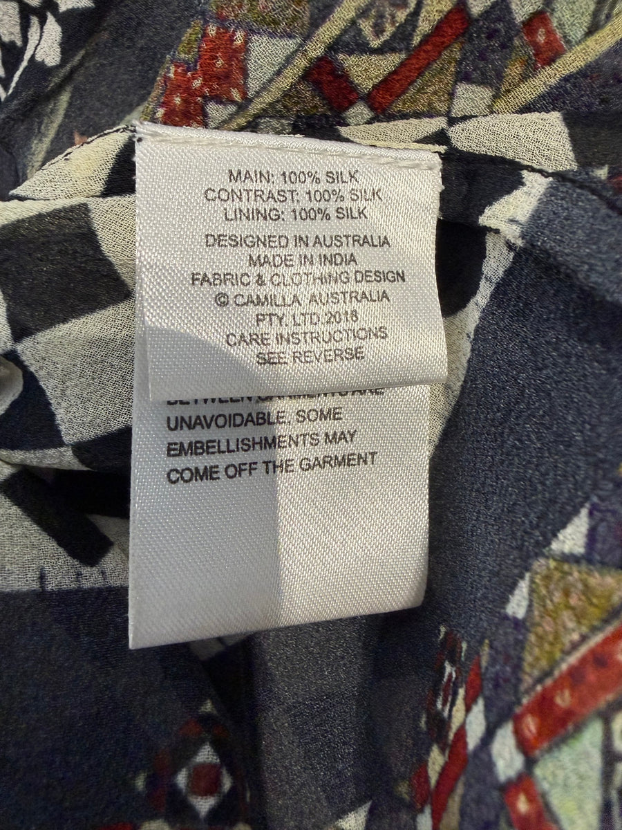 Camilla Silk Patchwork Mini Dress Vibrant Bohemian Print Size XS - Image 14