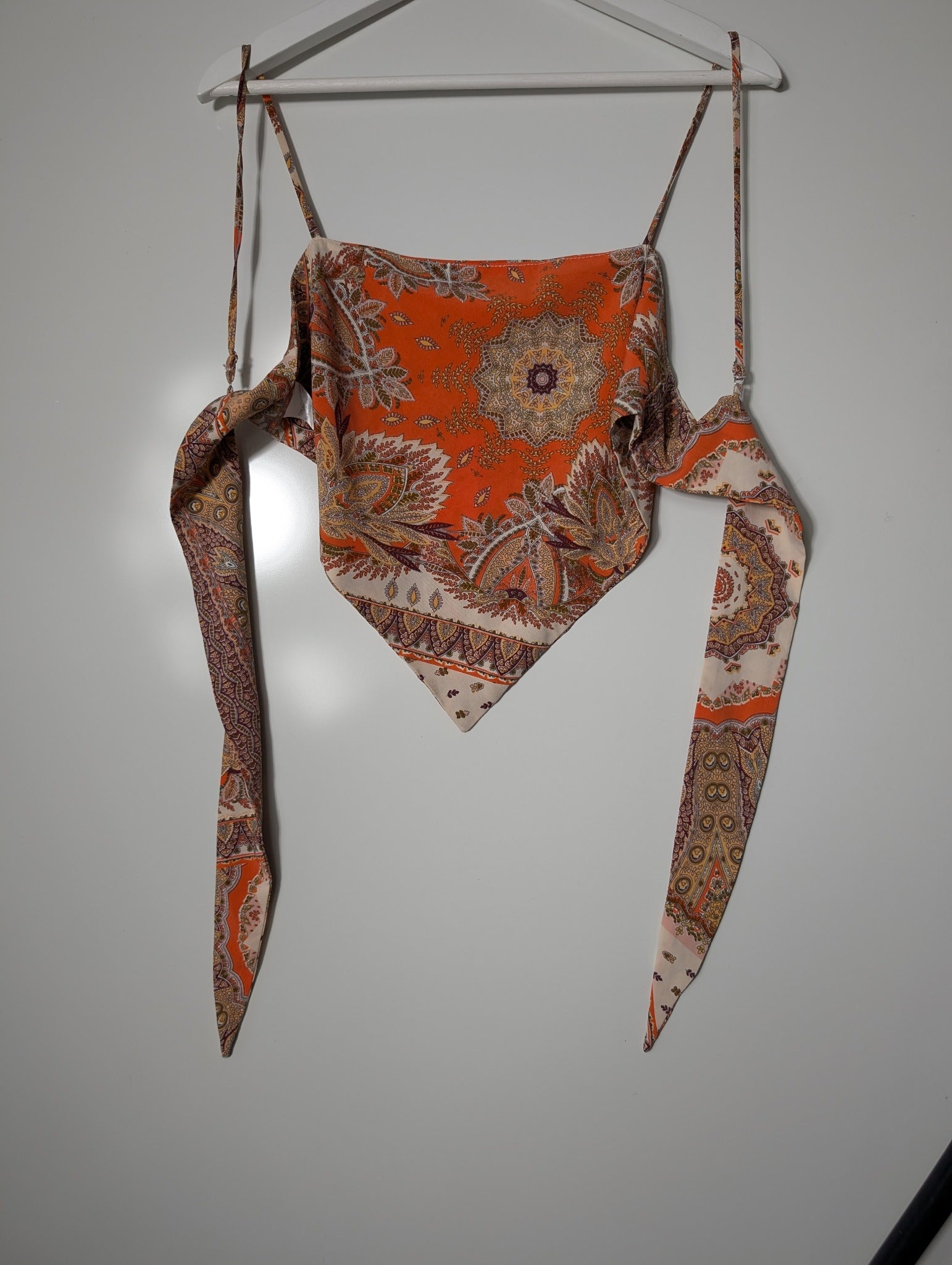 Paisley Print Bandana Tie-Back Crop Top Orange One Size - Image 4