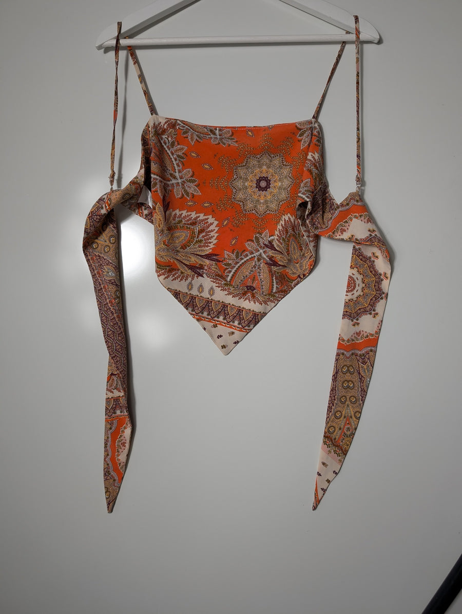 Paisley Print Bandana Tie-Back Crop Top Orange One Size - Image 4