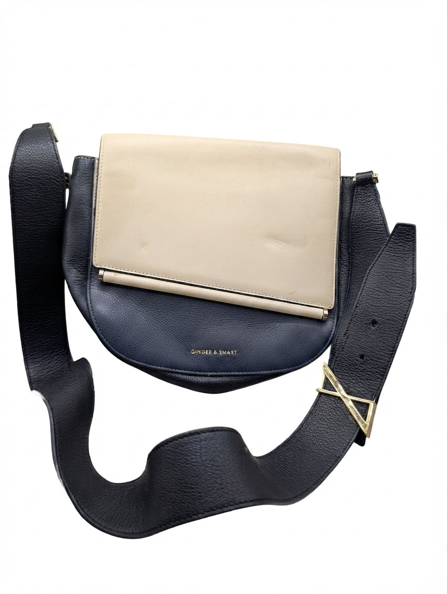 Ginger & Smart Leather Saddle Crossbody Bag Cream & Navy - Image 1