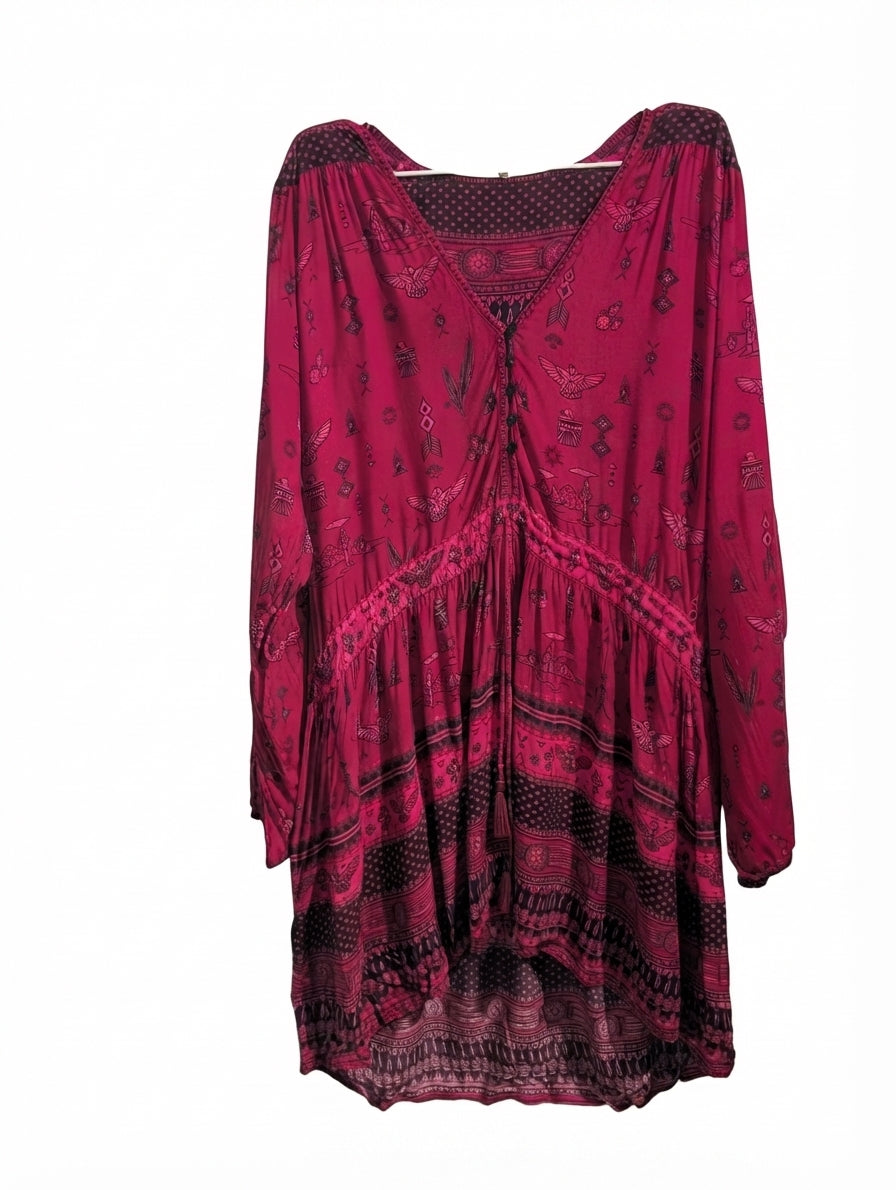 Boho Printed Tunic Dress Magenta Floral - Image 1