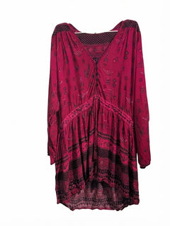Boho Printed Tunic Dress Magenta Floral - Image 1