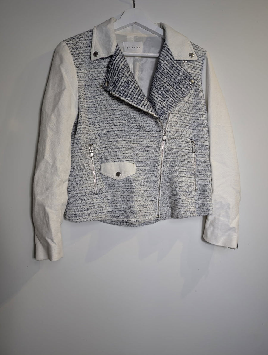 Sandro Paris Tweed and Canvas Biker Jacket Women's Size 40 - Image 5