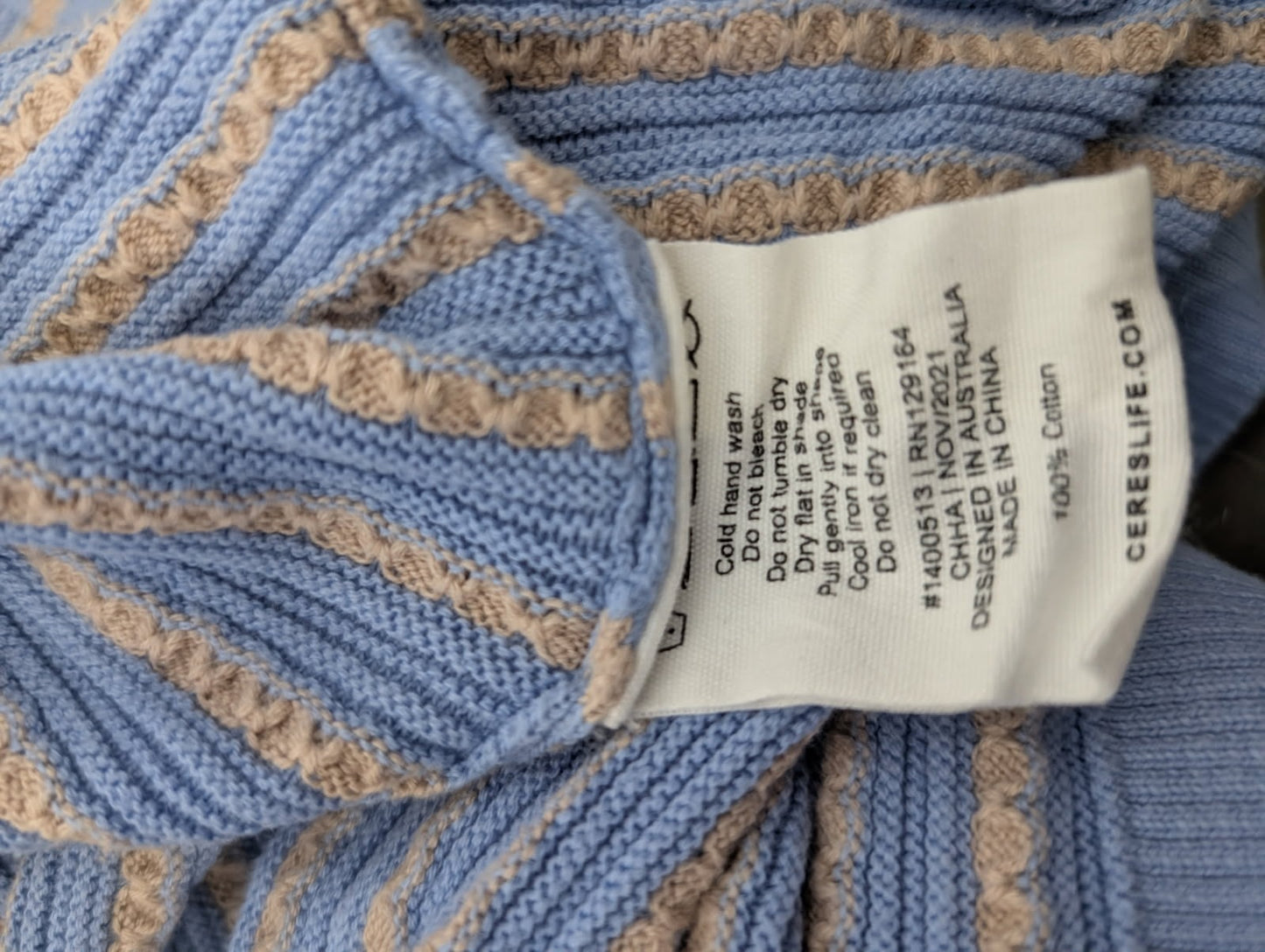 Ceres Life Striped Knit Polo Shirt - Blue & Beige Short Sleeve - Image 3