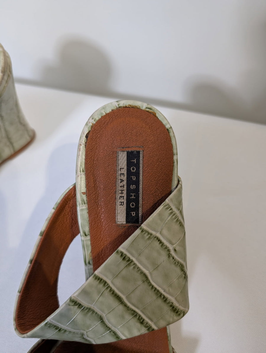 Topshop Croc-Embossed Leather Wedge Mules Sage Green EU 37 - Image 4