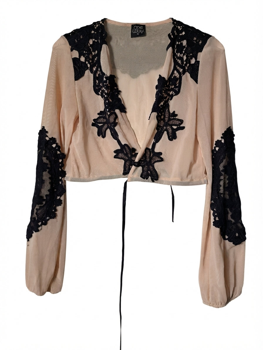 One Way Tie-Front Crop Top Nude Mesh & Black Lace Size 10 - Image 1