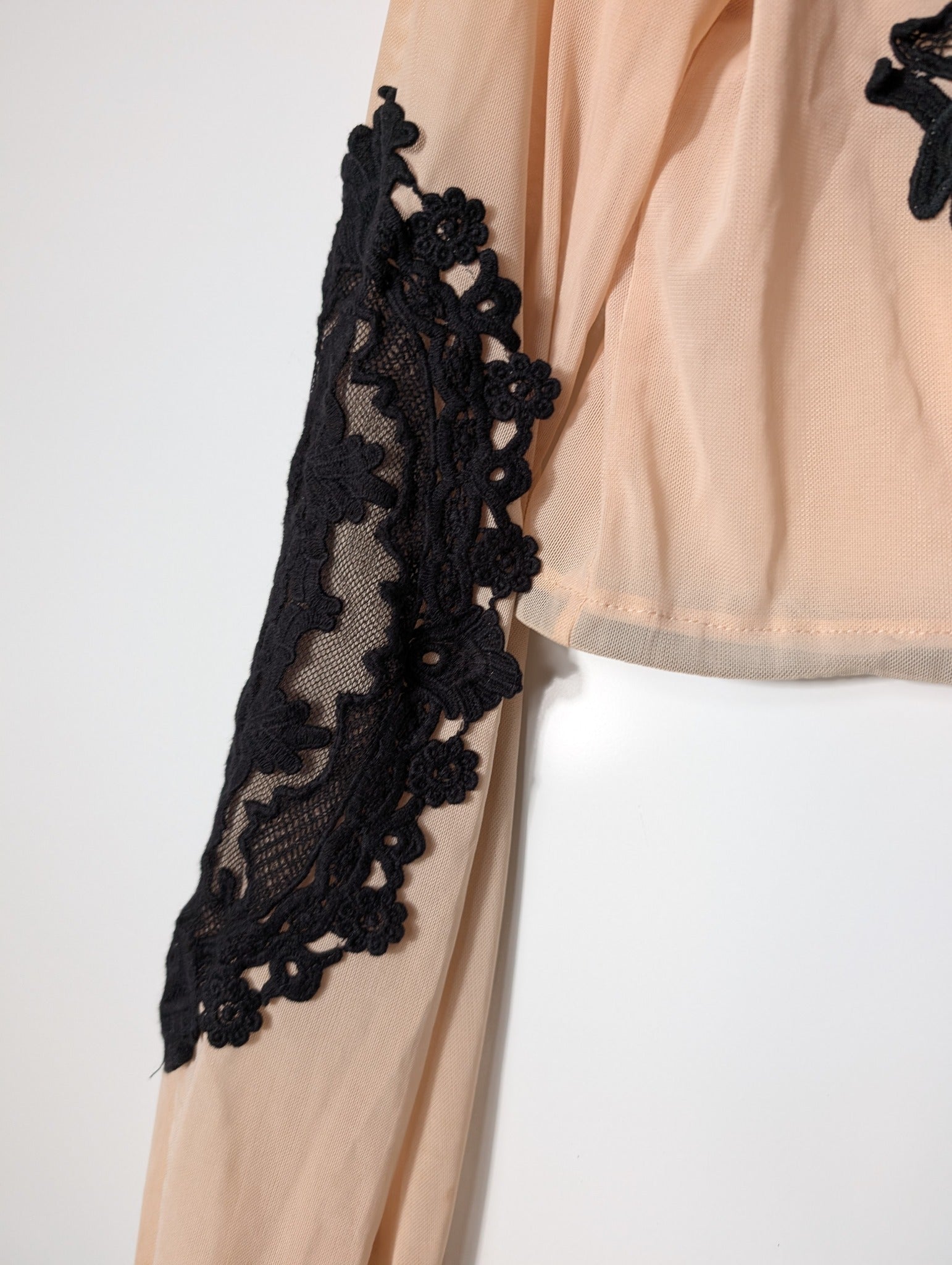 One Way Tie-Front Crop Top Nude Mesh & Black Lace Size 10 - Image 2