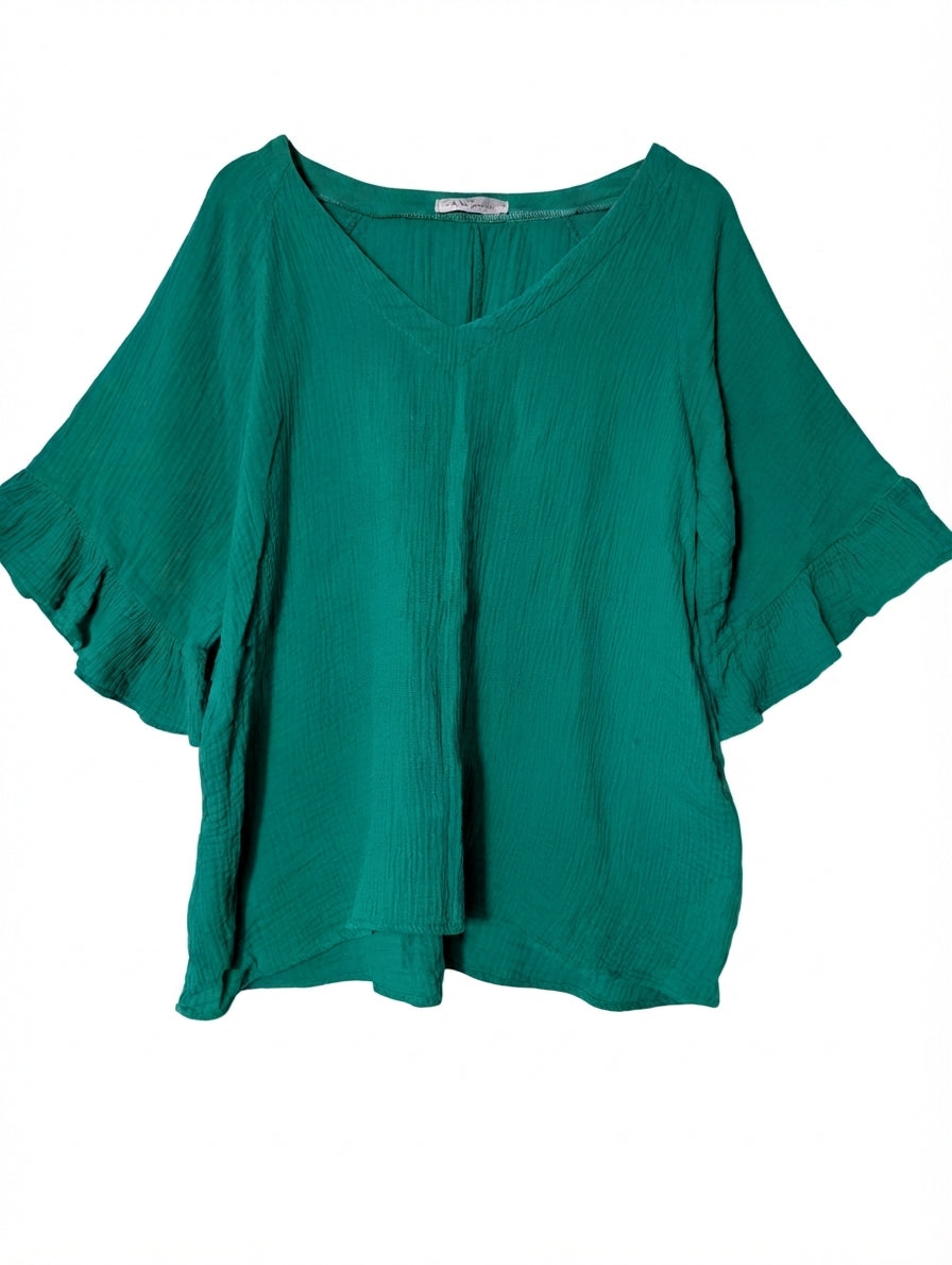 Hourglass Apparel Gauze V-Neck Ruffle Sleeve Top Green Size 12 - Image 1