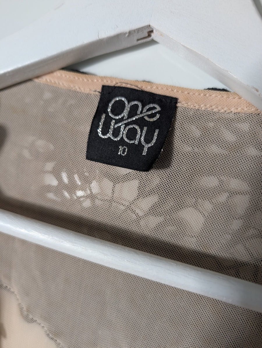 One Way Tie-Front Crop Top Nude Mesh & Black Lace Size 10 - Image 4