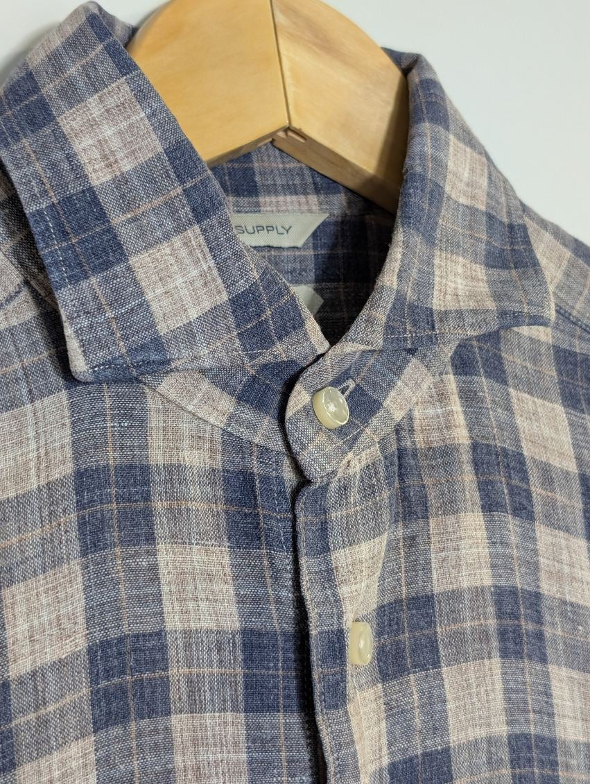 Suitsupply Men's Blue and White Check Pure Linen Shirt Size 37 / 14.5 - Image 7