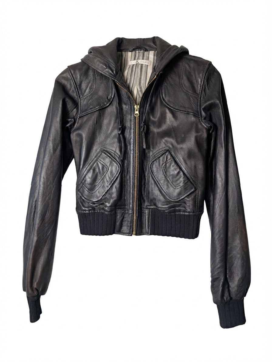 Mike & Chris Leather Hooded Bomber Jacket Black - Image 1
