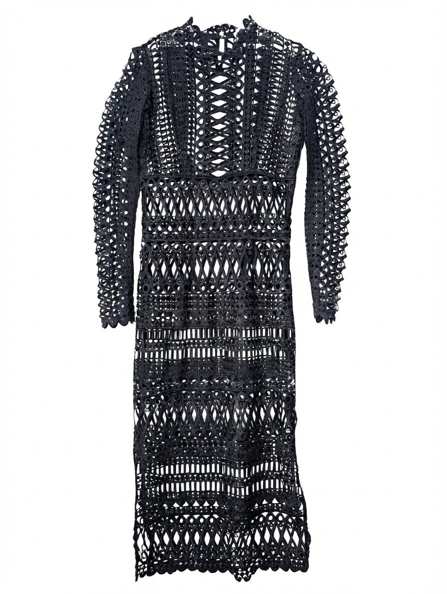 Shakuhachi Guipure Lace Midi Dress Black Women's AU 8 - Image 1