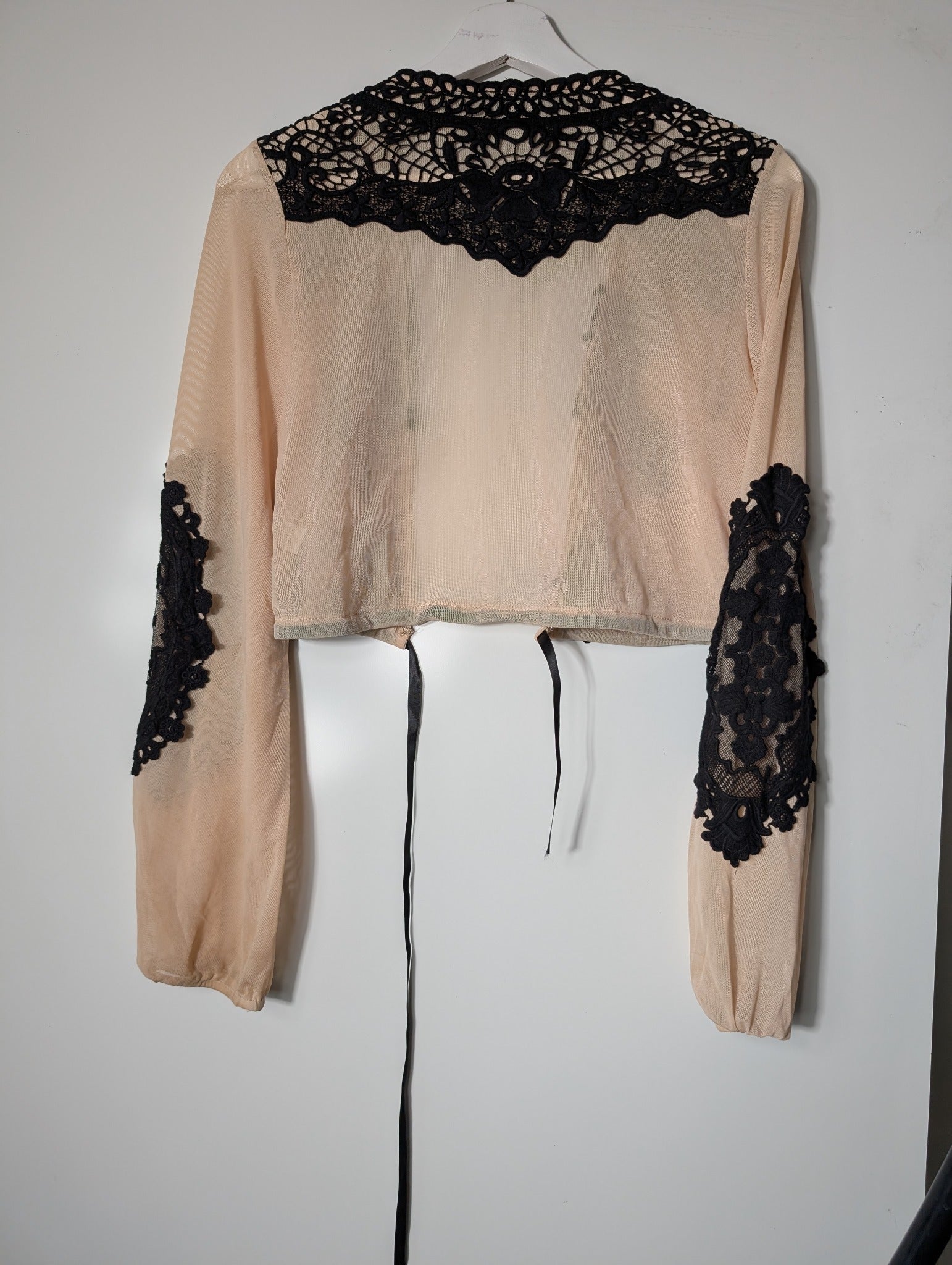 One Way Tie-Front Crop Top Nude Mesh & Black Lace Size 10 - Image 5